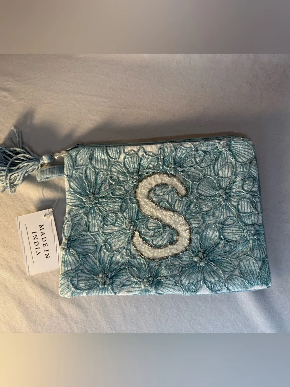 Source Unknown Light Blue Floral Embroidered Wristlet with Beaded 'S'
